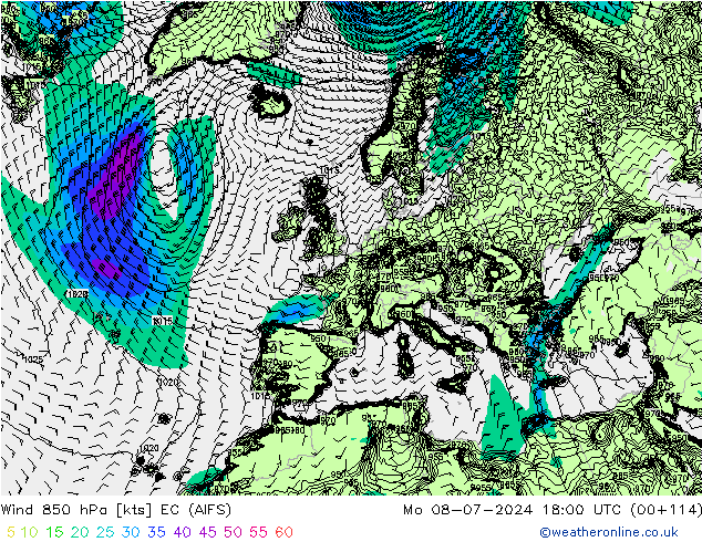 风 850 hPa EC (AIFS) 星期一 08.07.2024 18 UTC