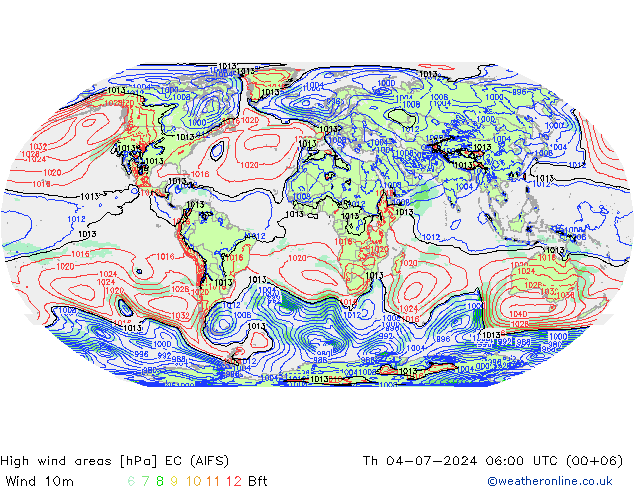 High wind areas EC (AIFS) 星期四 04.07.2024 06 UTC