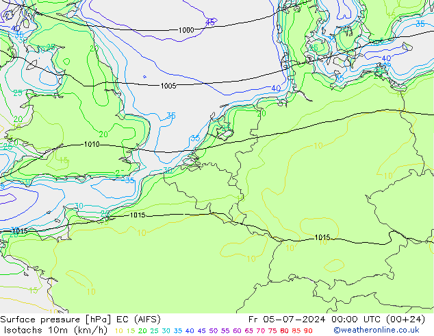 Isotachen (km/h) EC (AIFS) vr 05.07.2024 00 UTC