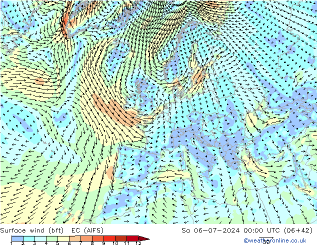 Wind 10 m (bft) EC (AIFS) za 06.07.2024 00 UTC