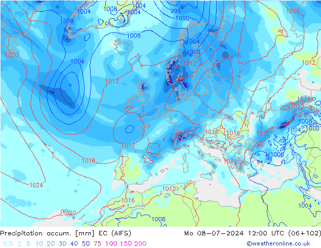 Totale neerslag EC (AIFS) ma 08.07.2024 12 UTC