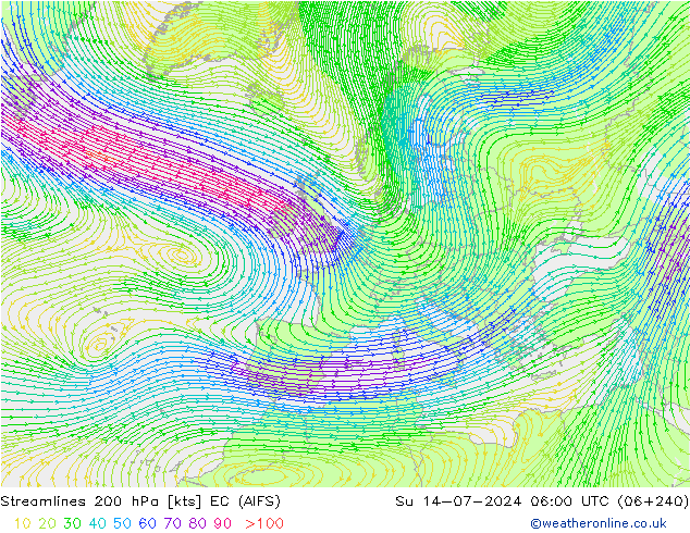 风 200 hPa EC (AIFS) 星期日 14.07.2024 06 UTC