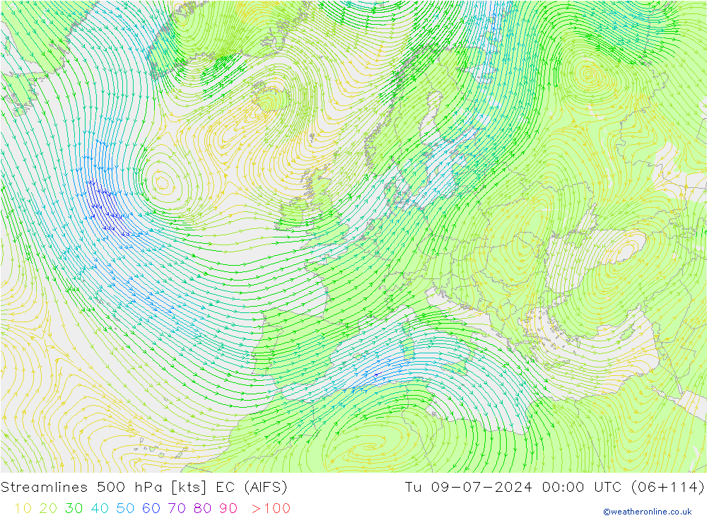 风 500 hPa EC (AIFS) 星期二 09.07.2024 00 UTC