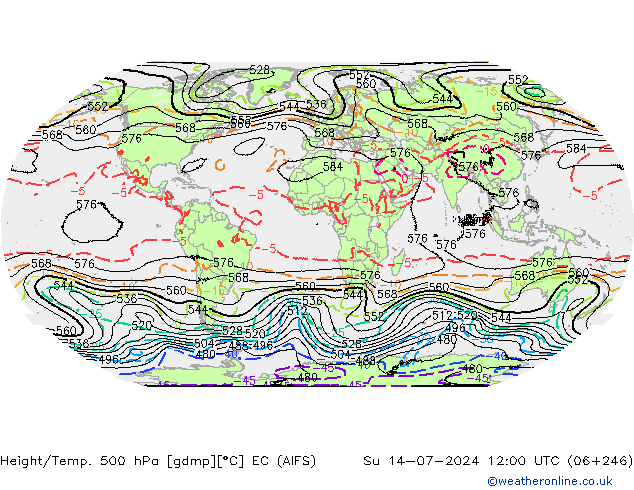 Hoogte/Temp. 500 hPa EC (AIFS) zo 14.07.2024 12 UTC
