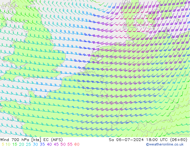 Wind 700 hPa EC (AIFS) za 06.07.2024 18 UTC
