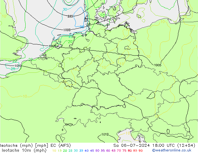 Isotachs (mph) EC (AIFS) 星期六 06.07.2024 18 UTC
