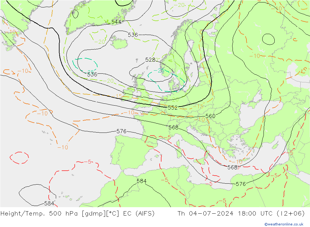 Hoogte/Temp. 500 hPa EC (AIFS) do 04.07.2024 18 UTC