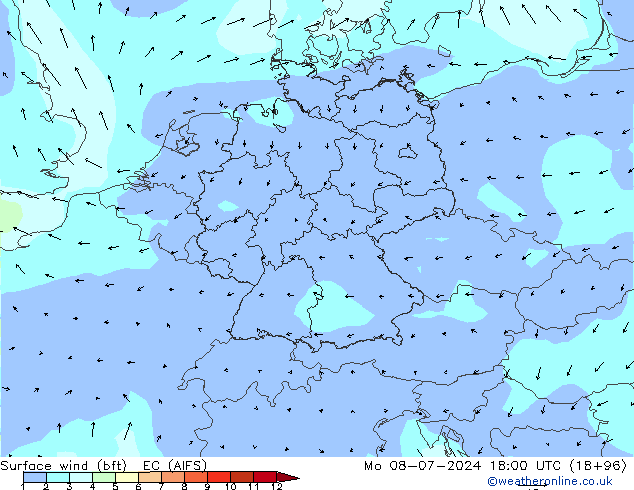Wind 10 m (bft) EC (AIFS) ma 08.07.2024 18 UTC