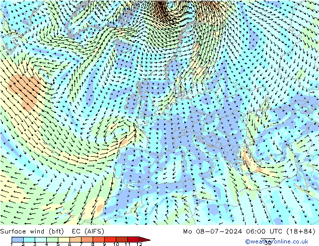 Wind 10 m (bft) EC (AIFS) ma 08.07.2024 06 UTC