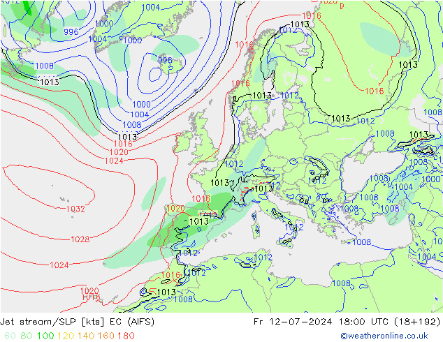 高速氣流/地面气压 EC (AIFS) 星期五 12.07.2024 18 UTC