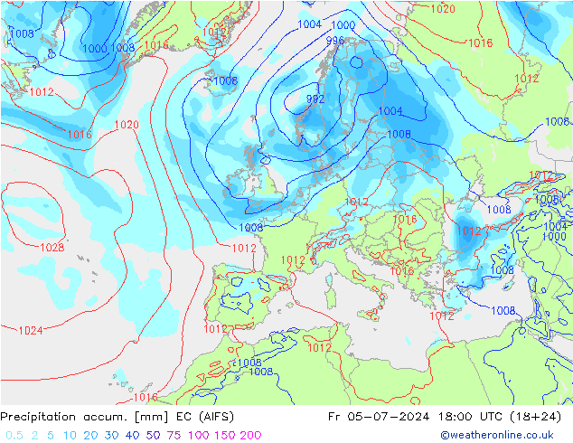 Precipitation accum. EC (AIFS) 星期五 05.07.2024 18 UTC