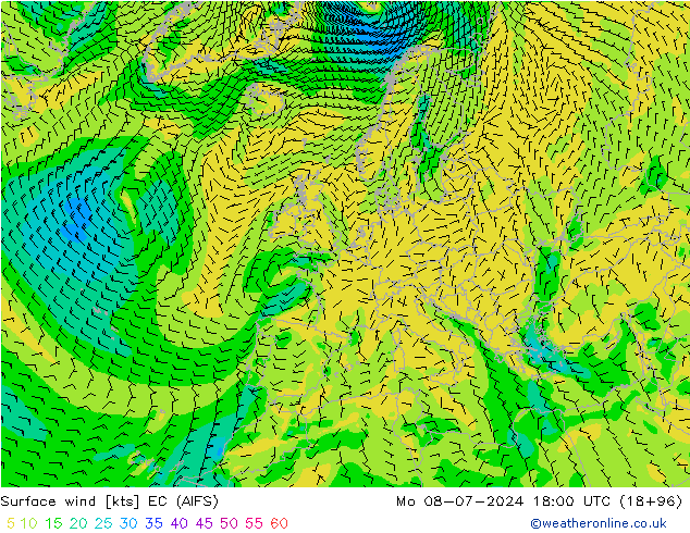 风 10 米 EC (AIFS) 星期一 08.07.2024 18 UTC