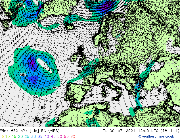 风 850 hPa EC (AIFS) 星期二 09.07.2024 12 UTC