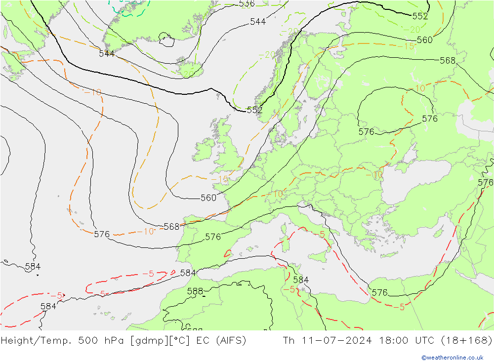 Height/Temp. 500 hPa EC (AIFS) 星期四 11.07.2024 18 UTC