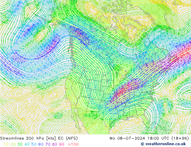 风 200 hPa EC (AIFS) 星期一 08.07.2024 18 UTC