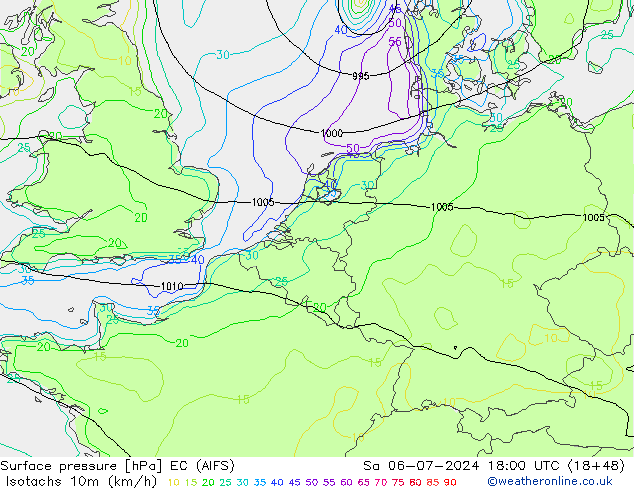 Isotachen (km/h) EC (AIFS) za 06.07.2024 18 UTC