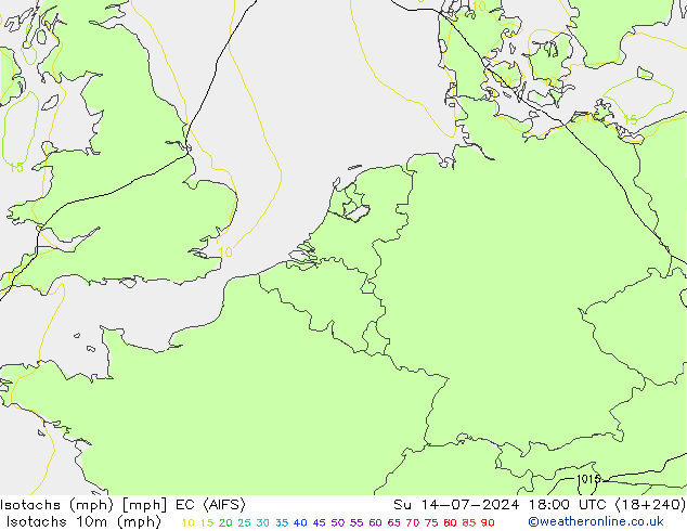 Isotachs (mph) EC (AIFS) 星期日 14.07.2024 18 UTC