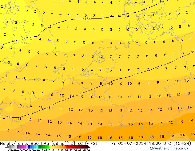 Hoogte/Temp. 850 hPa EC (AIFS) vr 05.07.2024 18 UTC