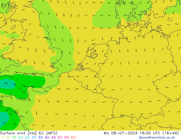 风 10 米 EC (AIFS) 星期一 08.07.2024 18 UTC
