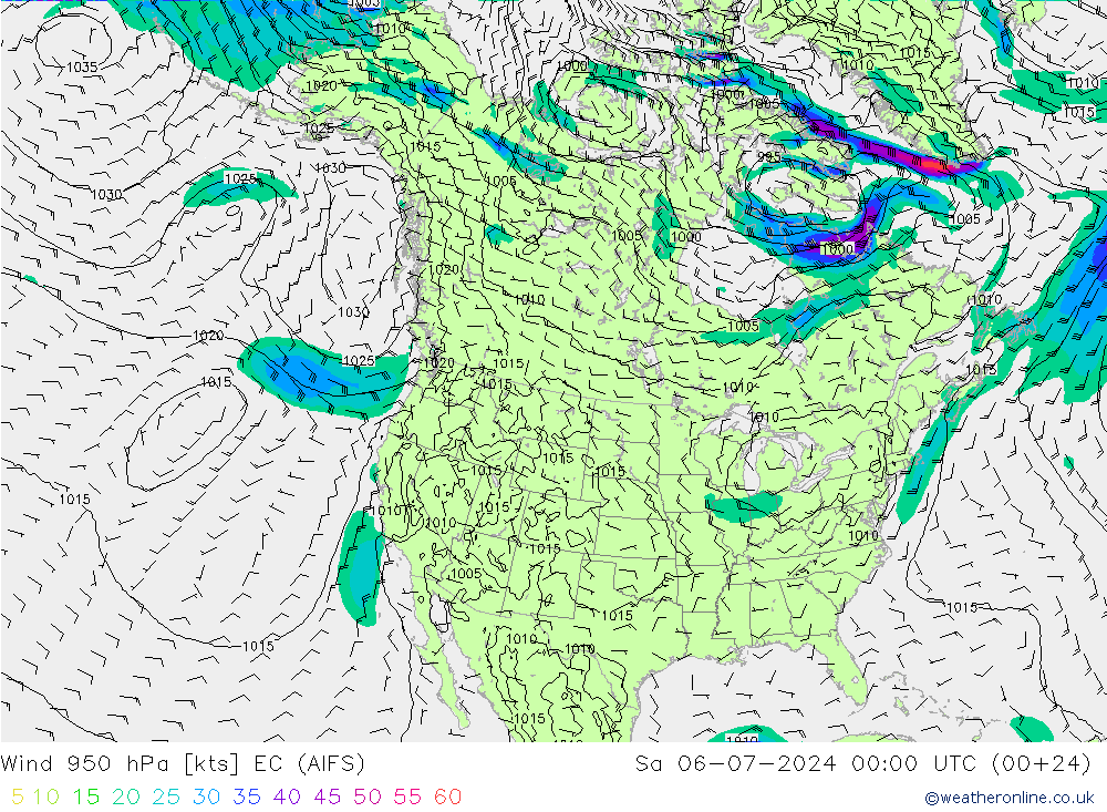 风 950 hPa EC (AIFS) 星期六 06.07.2024 00 UTC