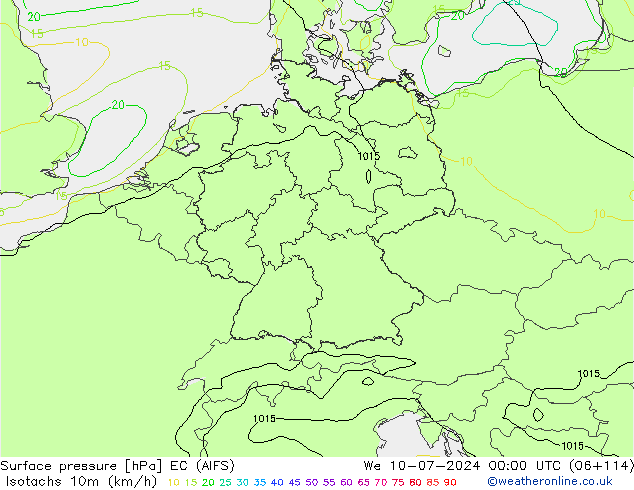 Isotachen (km/h) EC (AIFS) wo 10.07.2024 00 UTC