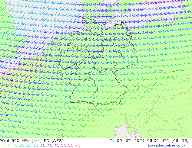 Wind 500 hPa EC (AIFS) di 09.07.2024 06 UTC