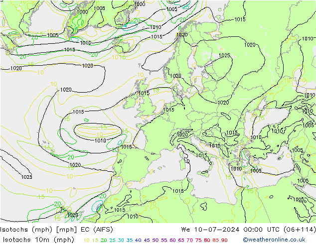 Isotachen (mph) EC (AIFS) wo 10.07.2024 00 UTC