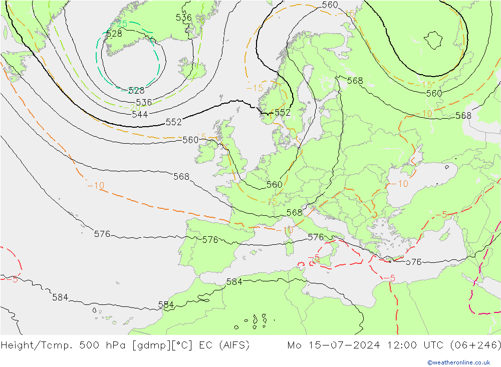 Hoogte/Temp. 500 hPa EC (AIFS) ma 15.07.2024 12 UTC