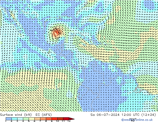Wind 10 m (bft) EC (AIFS) za 06.07.2024 12 UTC