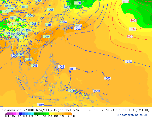 Dikte 850-1000 hPa EC (AIFS) di 09.07.2024 06 UTC