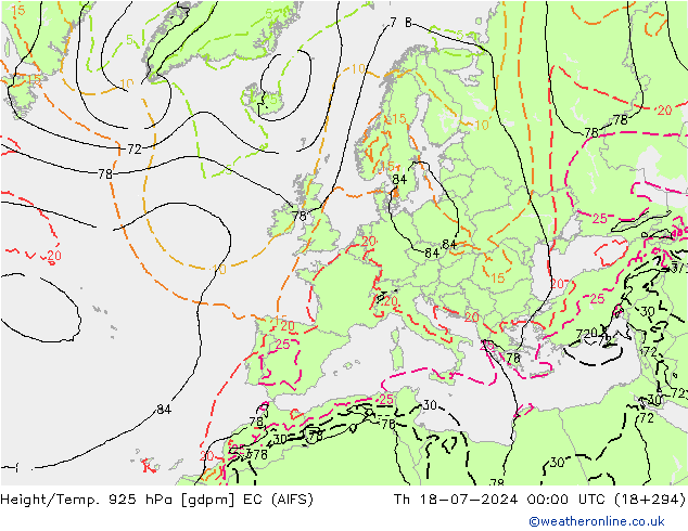 Hoogte/Temp. 925 hPa EC (AIFS) do 18.07.2024 00 UTC