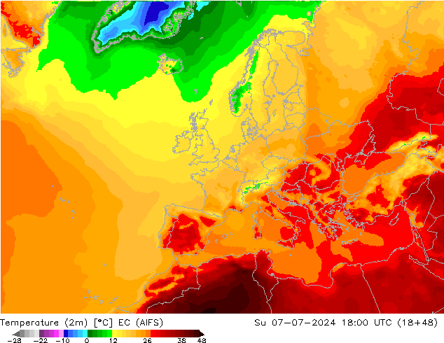 Temperatuurkaart (2m) EC (AIFS) zo 07.07.2024 18 UTC