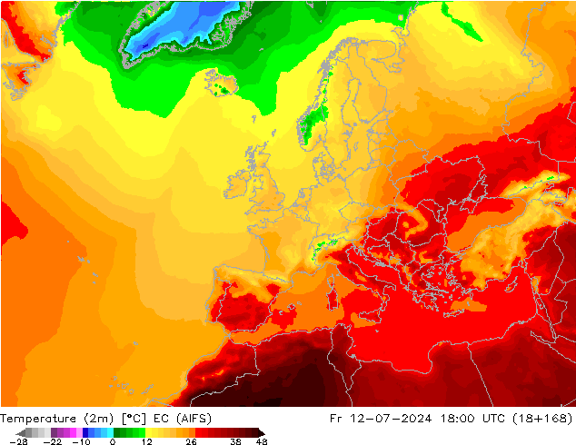 Temperatuurkaart (2m) EC (AIFS) vr 12.07.2024 18 UTC