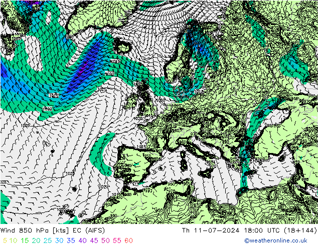 风 850 hPa EC (AIFS) 星期四 11.07.2024 18 UTC