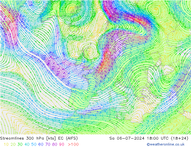 风 300 hPa EC (AIFS) 星期六 06.07.2024 18 UTC