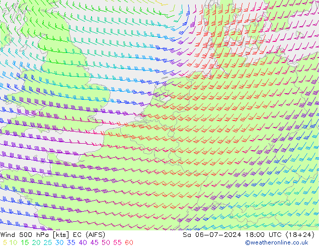风 500 hPa EC (AIFS) 星期六 06.07.2024 18 UTC