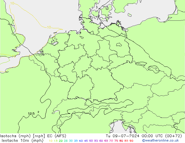 Isotachen (mph) EC (AIFS) di 09.07.2024 00 UTC