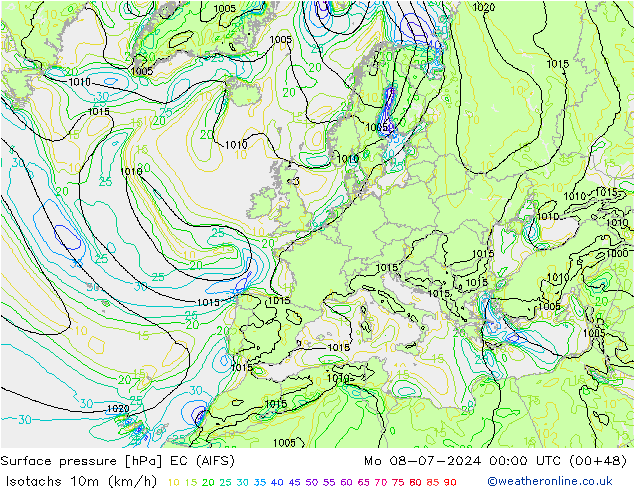 Isotachen (km/h) EC (AIFS) ma 08.07.2024 00 UTC