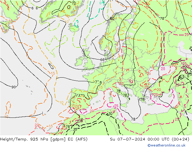 Hoogte/Temp. 925 hPa EC (AIFS) zo 07.07.2024 00 UTC