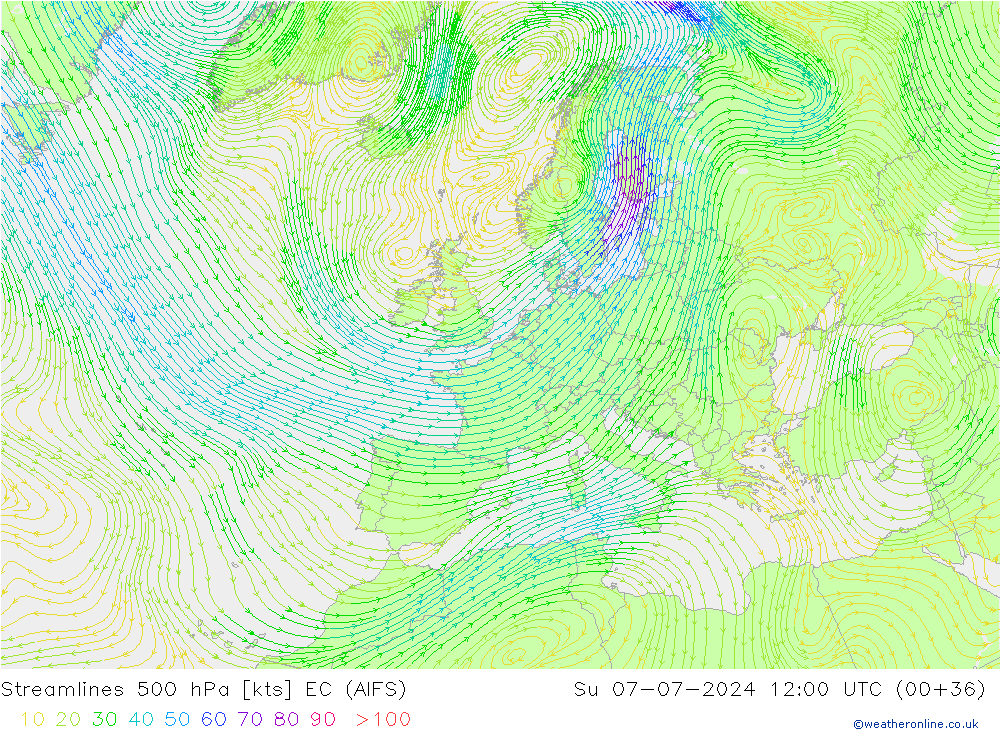Stroomlijn 500 hPa EC (AIFS) zo 07.07.2024 12 UTC