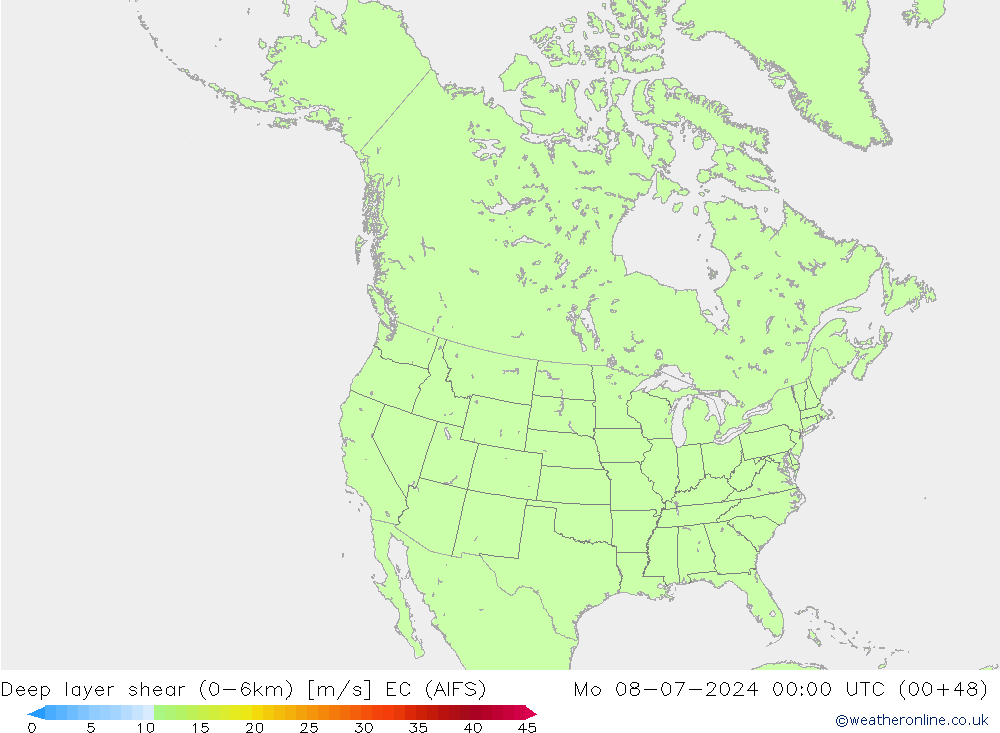 Deep layer shear (0-6km) EC (AIFS) ma 08.07.2024 00 UTC