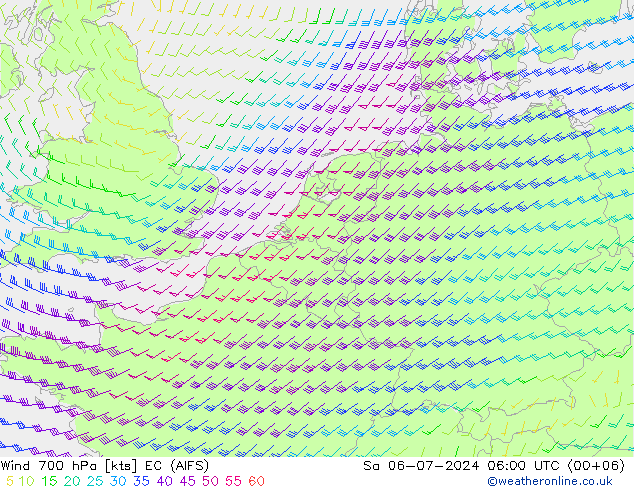 风 700 hPa EC (AIFS) 星期六 06.07.2024 06 UTC