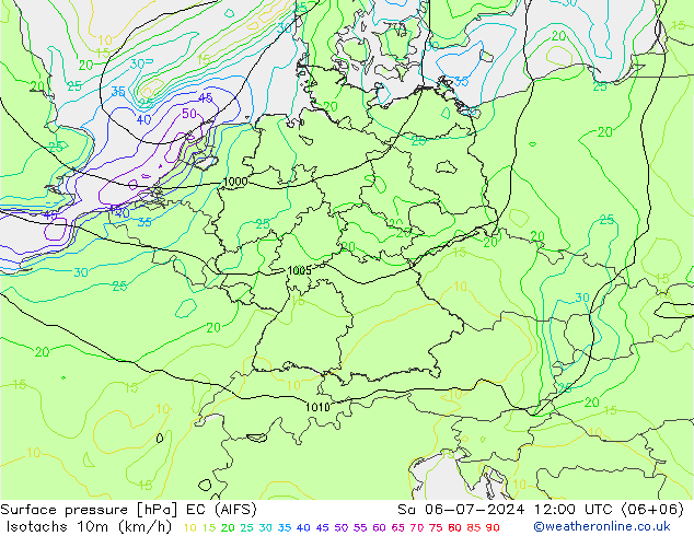 Isotachen (km/h) EC (AIFS) za 06.07.2024 12 UTC