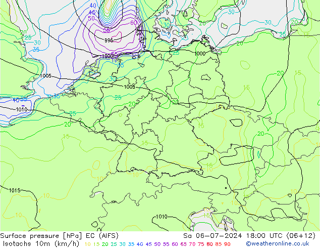 Isotachen (km/h) EC (AIFS) za 06.07.2024 18 UTC
