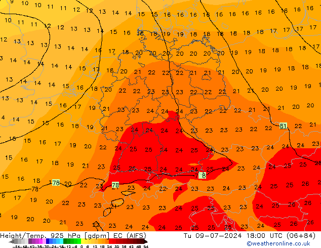 Height/Temp. 925 hPa EC (AIFS) 星期二 09.07.2024 18 UTC