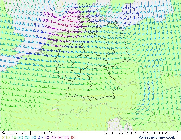 Wind 900 hPa EC (AIFS) za 06.07.2024 18 UTC