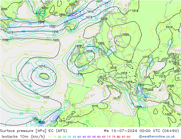 10米等风速线 (kph) EC (AIFS) 星期三 10.07.2024 00 UTC