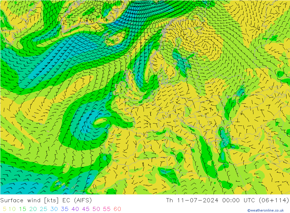Wind 10 m EC (AIFS) do 11.07.2024 00 UTC