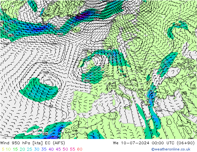风 950 hPa EC (AIFS) 星期三 10.07.2024 00 UTC