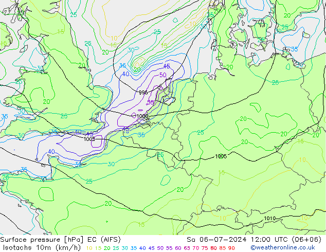 10米等风速线 (kph) EC (AIFS) 星期六 06.07.2024 12 UTC